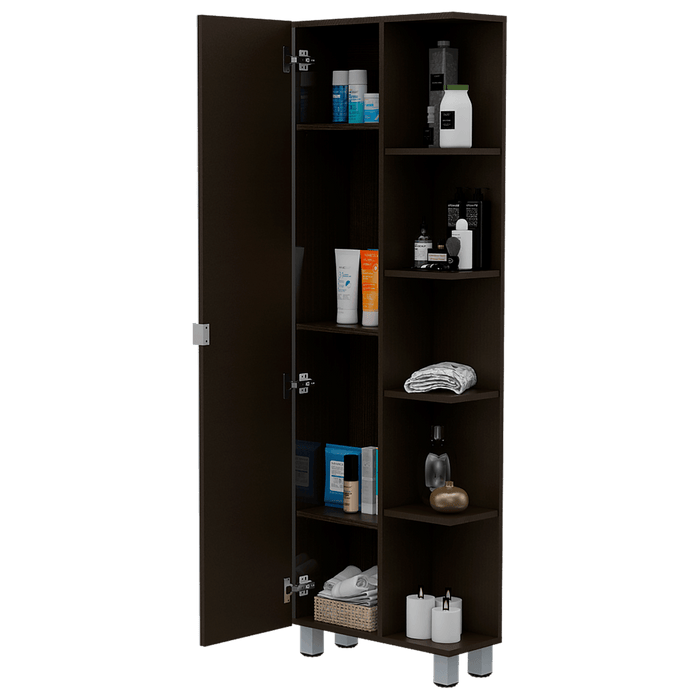 MUEBLE ESQUINERO ZENDAYA, WENGUE, CON ESPEJO Y VARIEDAD DE ENTREPAÑOS ZF