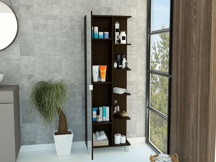 MUEBLE ESQUINERO ZENDAYA, WENGUE, CON ESPEJO Y VARIEDAD DE ENTREPAÑOS ZF