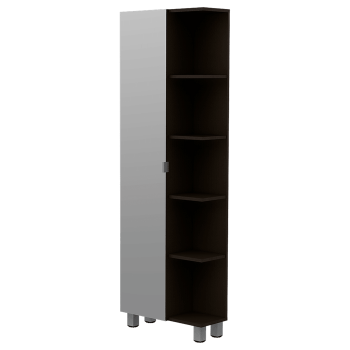 MUEBLE ESQUINERO ZENDAYA, WENGUE, CON ESPEJO Y VARIEDAD DE ENTREPAÑOS ZF
