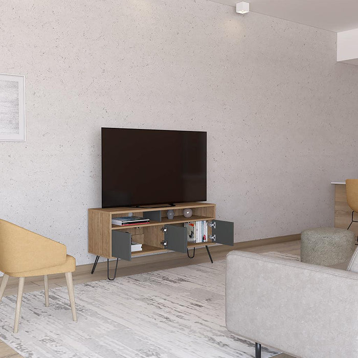MUEBLE MULTIUSOS LARA, MIEL Y PLATA OSCURO, PARA TELEVISOR DE 55 PULGADAS