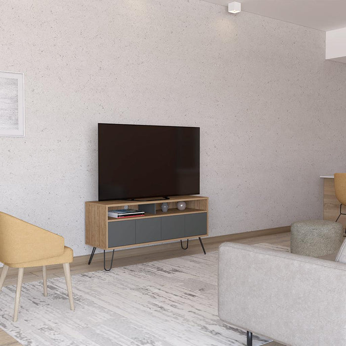 MUEBLE MULTIUSOS LARA, MIEL Y PLATA OSCURO, PARA TELEVISOR DE 55 PULGADAS