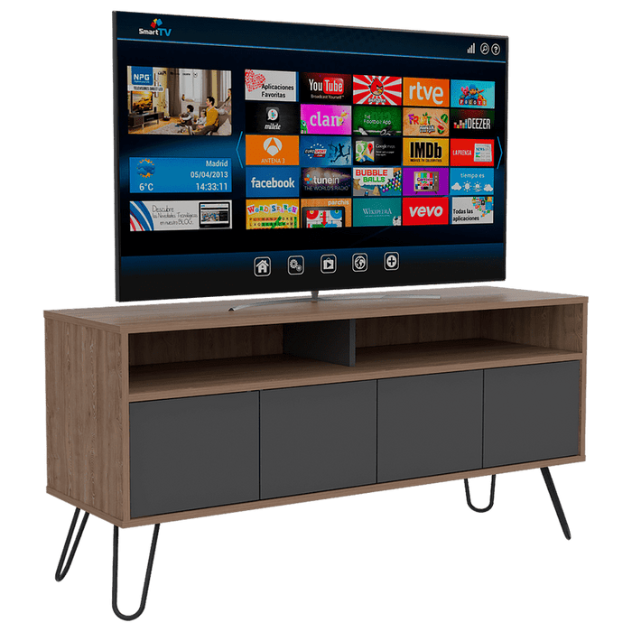 MUEBLE MULTIUSOS LARA, MIEL Y PLATA OSCURO, PARA TELEVISOR DE 55 PULGADAS