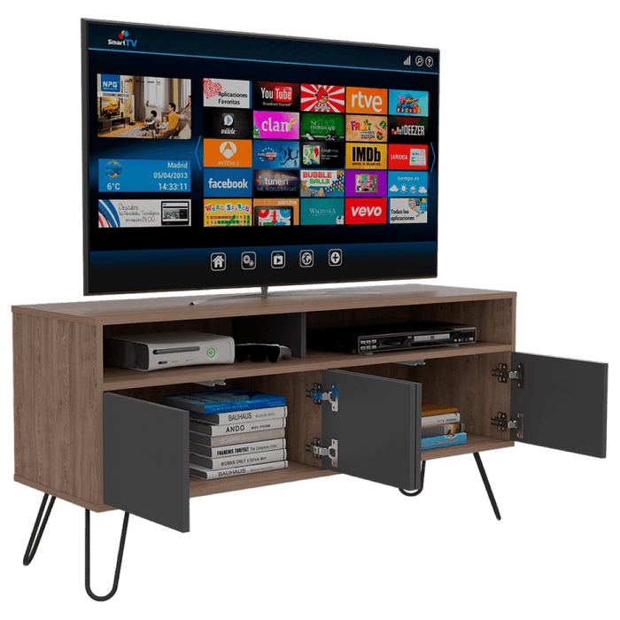 MUEBLE MULTIUSOS LARA, MIEL Y PLATA OSCURO, PARA TELEVISOR DE 55 PULGADAS
