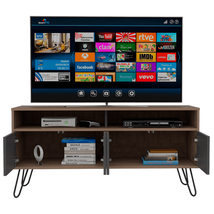 MUEBLE MULTIUSOS LARA, MIEL Y PLATA OSCURO, PARA TELEVISOR DE 55 PULGADAS