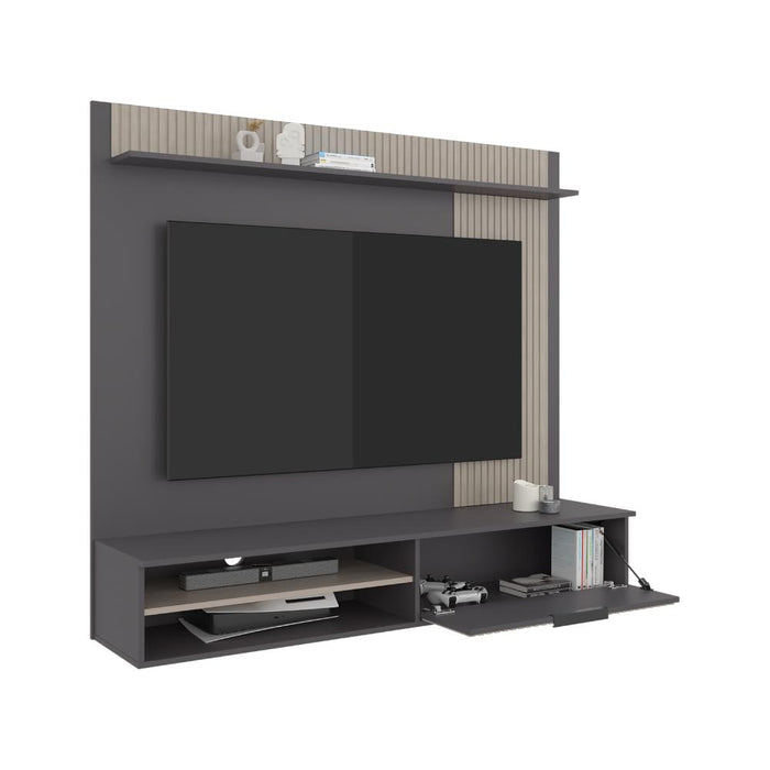 PANEL DE TV DOVER, PLATA OSCURO Y BARDOLINO, CON ESPACIO PARA TV DESDE 55 A 70"