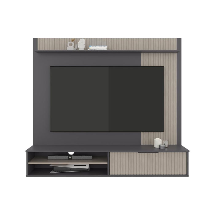 PANEL DE TV DOVER, PLATA OSCURO Y BARDOLINO, CON ESPACIO PARA TV DESDE 55 A 70"