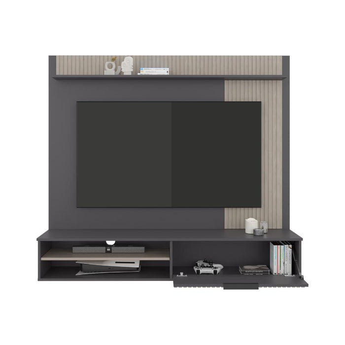 PANEL DE TV DOVER, PLATA OSCURO Y BARDOLINO, CON ESPACIO PARA TV DESDE 55 A 70"