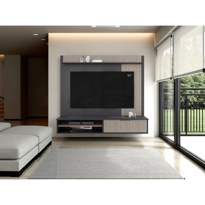 PANEL DE TV DOVER, PLATA OSCURO Y BARDOLINO, CON ESPACIO PARA TV DESDE 55 A 70"