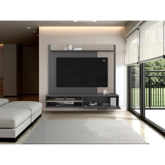 PANEL DE TV DOVER, PLATA OSCURO Y BARDOLINO, CON ESPACIO PARA TV DESDE 55 A 70"