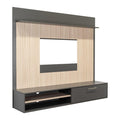 PANEL DE TV HOBER, PLATA OSCURO Y BARDOLINO, CON ESPACIO PARA TELEVISOR DESDE 55" HASTA 70"