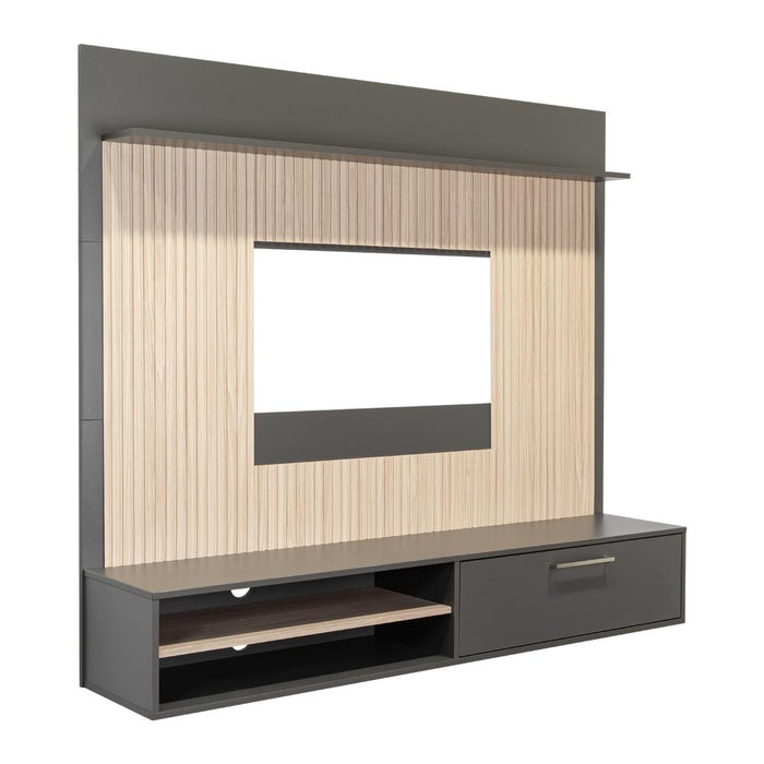 PANEL DE TV HOBER, PLATA OSCURO Y BARDOLINO, CON ESPACIO PARA TELEVISOR DESDE 55" HASTA 70"