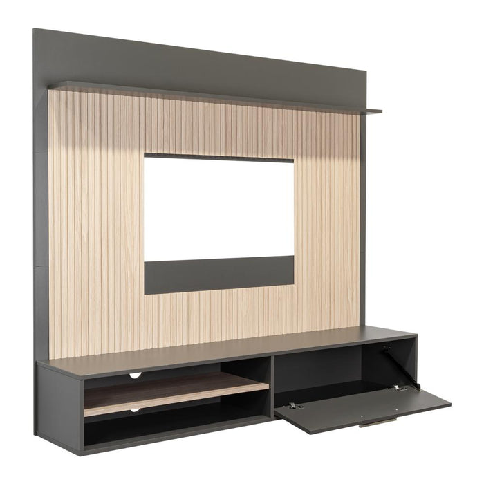 PANEL DE TV HOBER, PLATA OSCURO Y BARDOLINO, CON ESPACIO PARA TELEVISOR DESDE 55" HASTA 70"