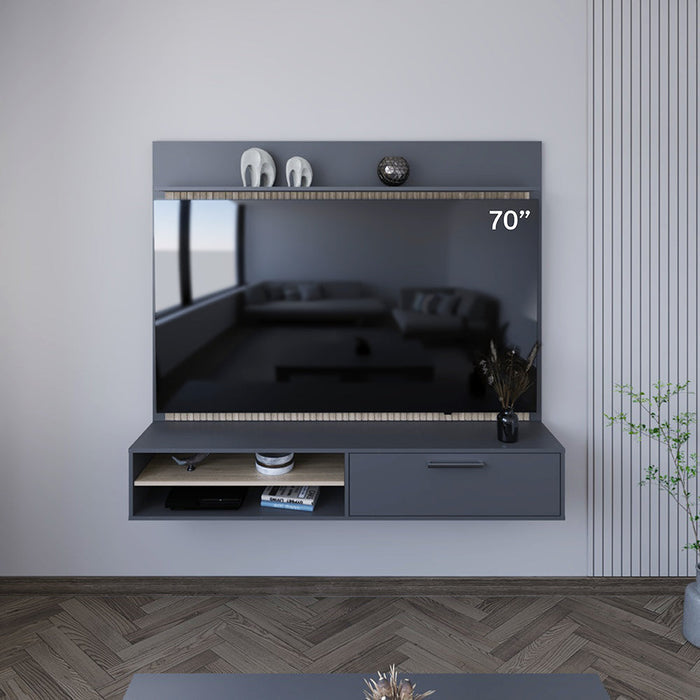 PANEL DE TV HOBER, PLATA OSCURO Y BARDOLINO, CON ESPACIO PARA TELEVISOR DESDE 55" HASTA 70"