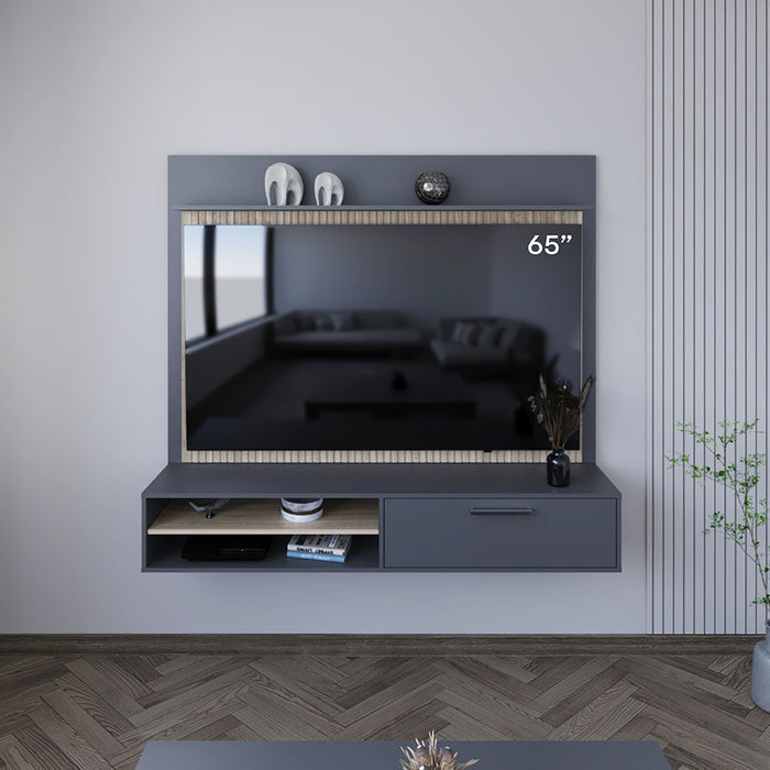 PANEL DE TV HOBER, PLATA OSCURO Y BARDOLINO, CON ESPACIO PARA TELEVISOR DESDE 55" HASTA 70"
