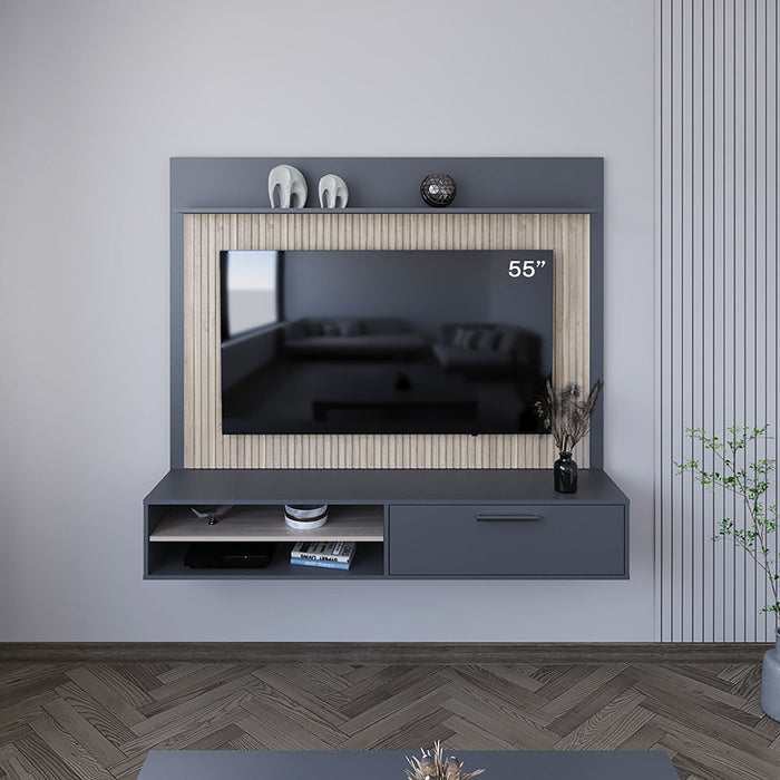 PANEL DE TV HOBER, PLATA OSCURO Y BARDOLINO, CON ESPACIO PARA TELEVISOR DESDE 55" HASTA 70"