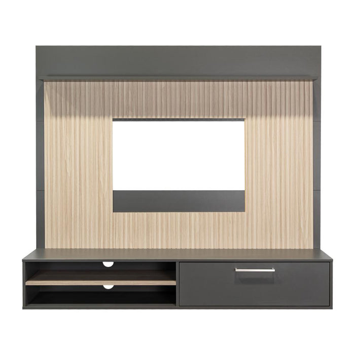 PANEL DE TV HOBER, PLATA OSCURO Y BARDOLINO, CON ESPACIO PARA TELEVISOR DESDE 55" HASTA 70"