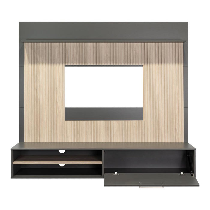 PANEL DE TV HOBER, PLATA OSCURO Y BARDOLINO, CON ESPACIO PARA TELEVISOR DESDE 55" HASTA 70"