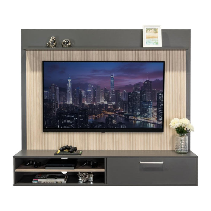PANEL DE TV HOBER, PLATA OSCURO Y BARDOLINO, CON ESPACIO PARA TELEVISOR DESDE 55" HASTA 70"