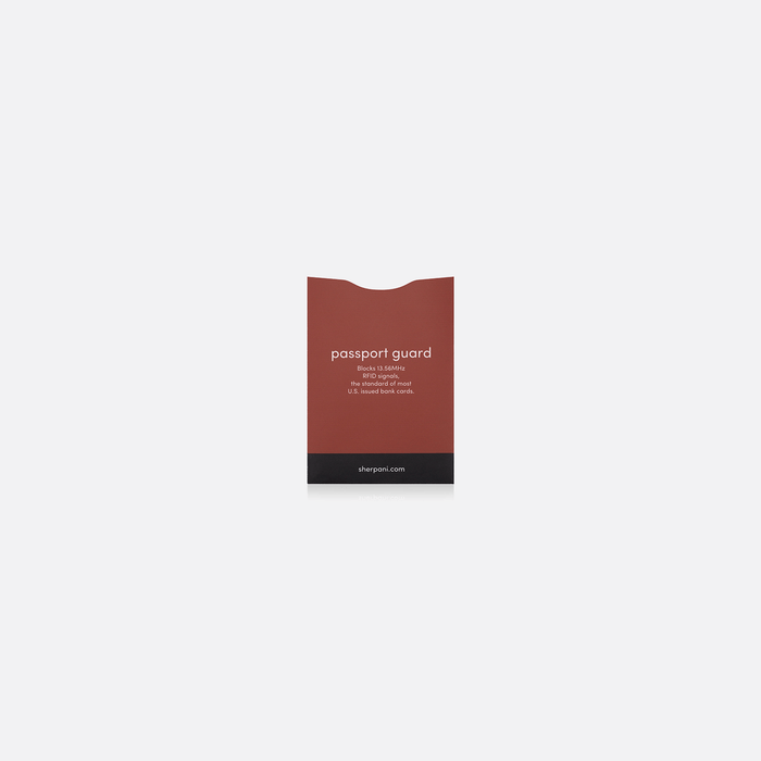 A Sherpani Passport Guard Cider RFID Sleeve on white backdrop.