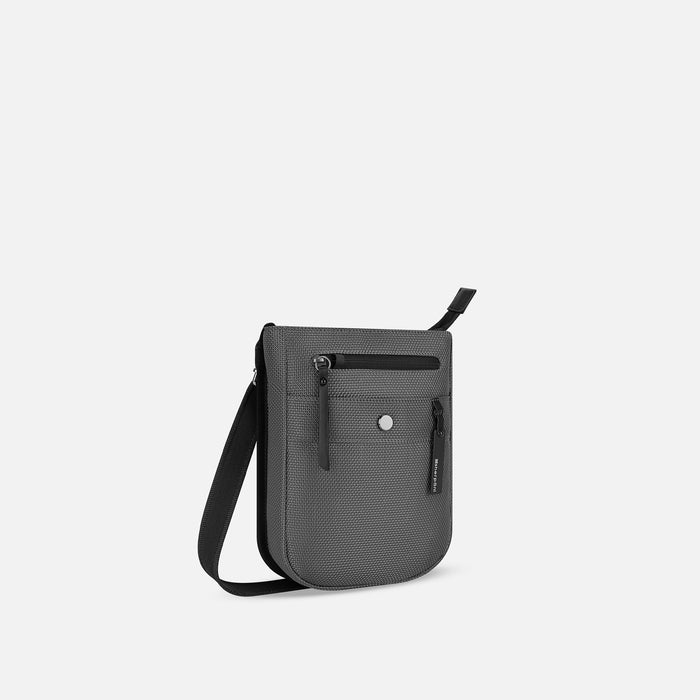 A Sherpani Prima Granite Travel Crossbody, front view showing lockable pocket and strap against white background. #color_granite