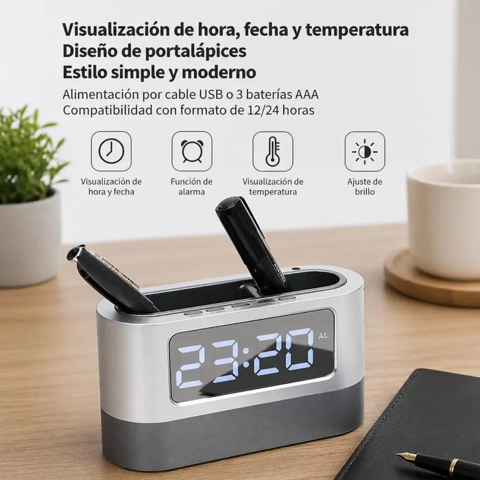 RELOJ MESA PANTALLA DIGITAL PORTA LAPICEROS MULTIFUNCIONAL MODERNO OFICINA
