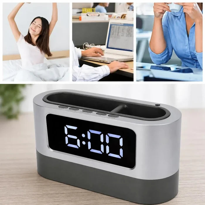 RELOJ MESA PANTALLA DIGITAL PORTA LAPICEROS MULTIFUNCIONAL MODERNO OFICINA