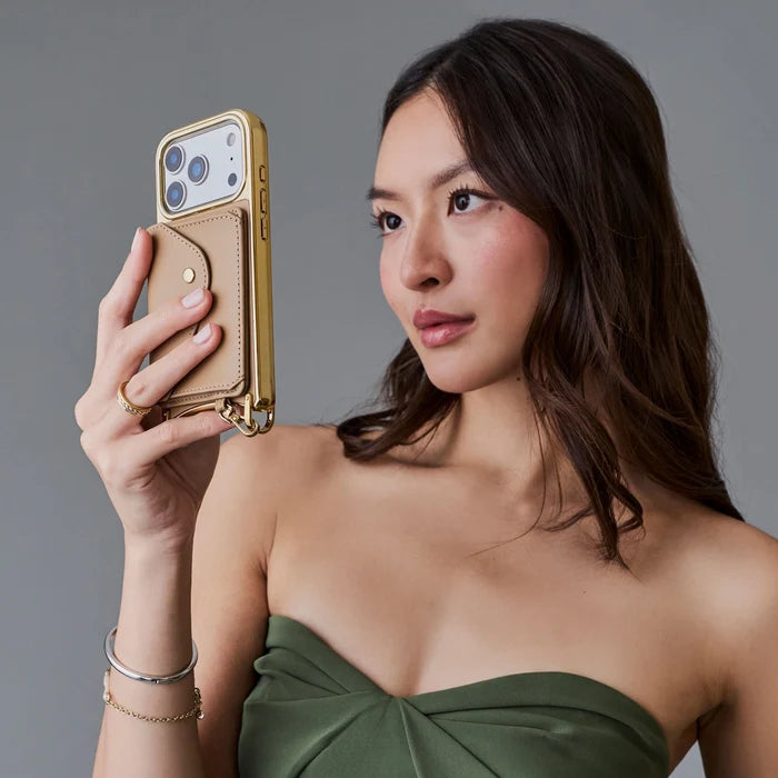 Remi Chrome Magnet Wallet Crossbody Phone Case - Tan/Chrome Gold
