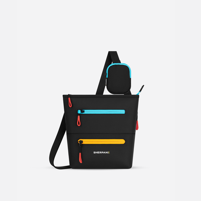 A Sherpani Sadie Chromatic Black Crossbody Bag, front view showing pouch attached to strap and front lockable zipper pockets.  #color_chromatic-black