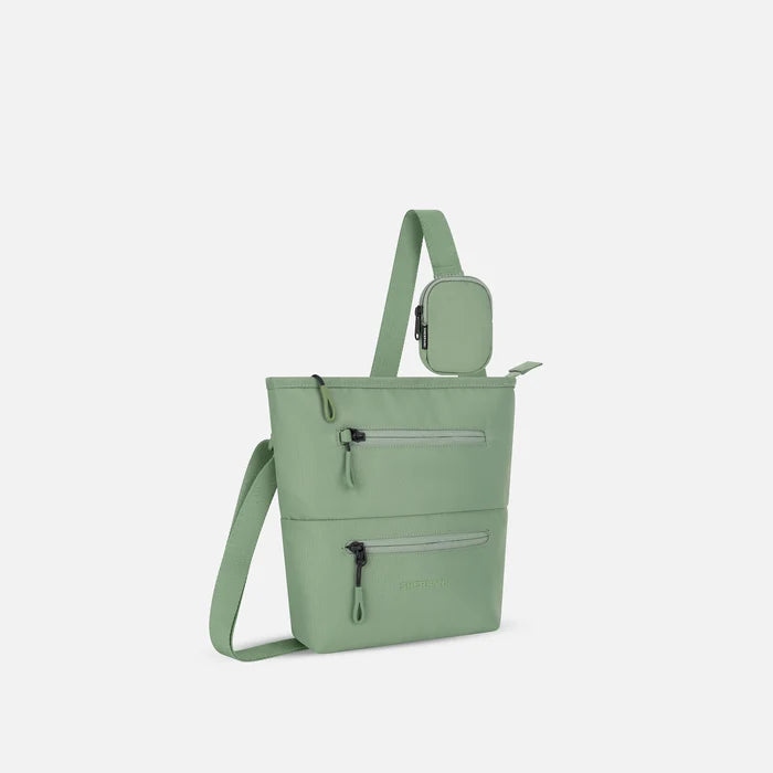 A Sherpani Olivine Crossbody Bag, 3/4 view showing front lockable zipper pockets and the pouch attached to the strap. #color_olivine-green