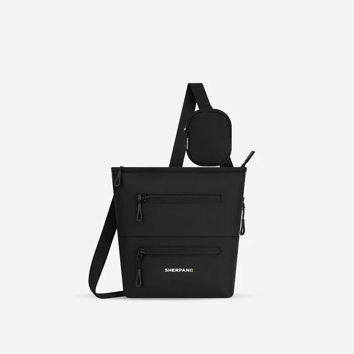 A Sherpani Sadie Raven Black Stone Crossbody Bag, front view showing pouch attached to strap and front lockable zipper pockets. #color_raven-black