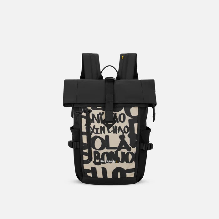 A Sherpani Sedona Ciao Backpack, front view showing buckled pockets and straps on white backdrop. #color_ciao-print