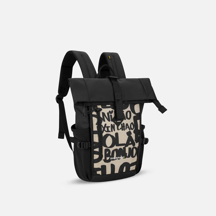 A Sherpani Sedona Ciao Backpack, 3/4 view showing buckled pockets and straps on white background.   #color_ciao-print