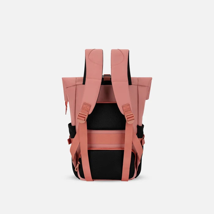 A Sherpani Sedona Desert Pink Backpack, back view showing shoulder straps and luggage strap on white background. #color_desert-pink
