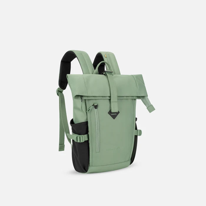 A Sherpani Sedona Olivine Backpack, 3/4 view showing buckled pockets and straps on white background.   #color_olivine-green