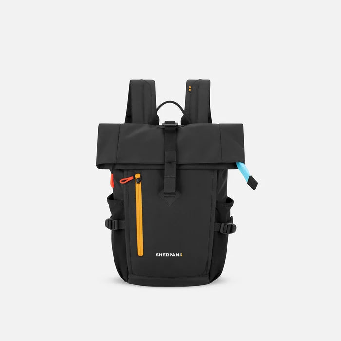 A Sherpani Sedona Chromatic Black Backpack, front view showing buckled pockets and straps on white backdrop. #color_chromatic-black