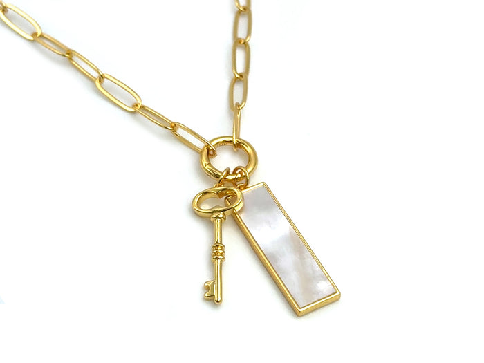 Set 7 GOLD: Elegant Paperclip Chain Mother of Pearl Rectangle Love Key | LINK, design your own