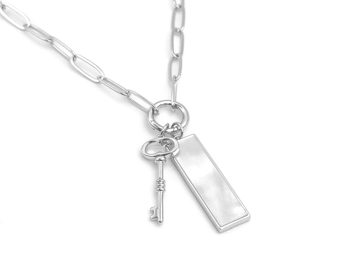 Set 7 SILVER: Elegant Paperclip Chain Mother of Pearl Rectangle Love Key | LINK, design your own