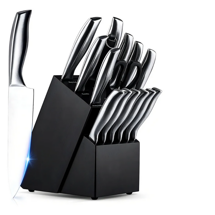 Set Cuchillos Cocina 15 Piezas Acero Inoxidable Base Madera