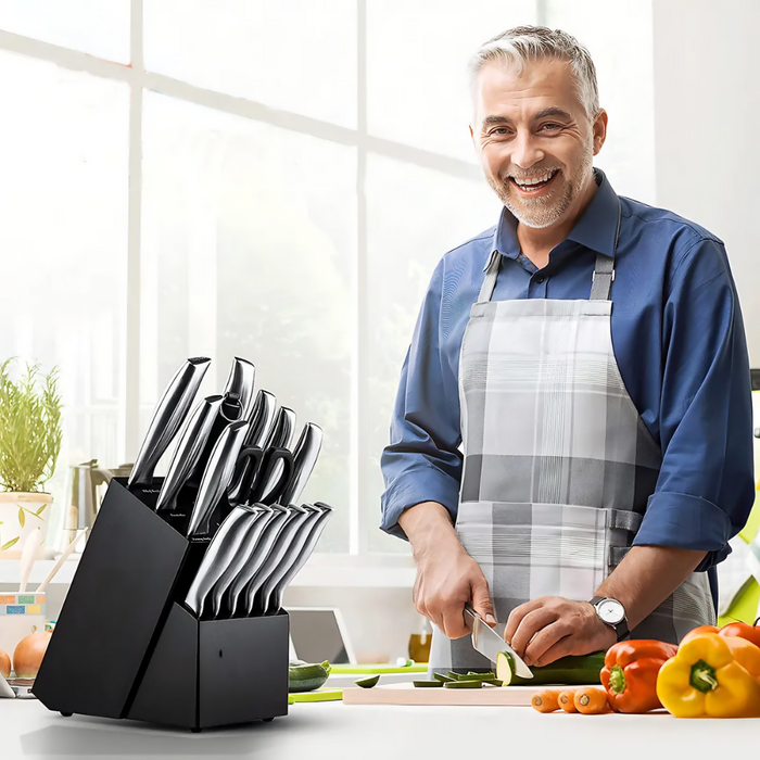 Set Cuchillos Cocina 15 Piezas Acero Inoxidable Base Madera