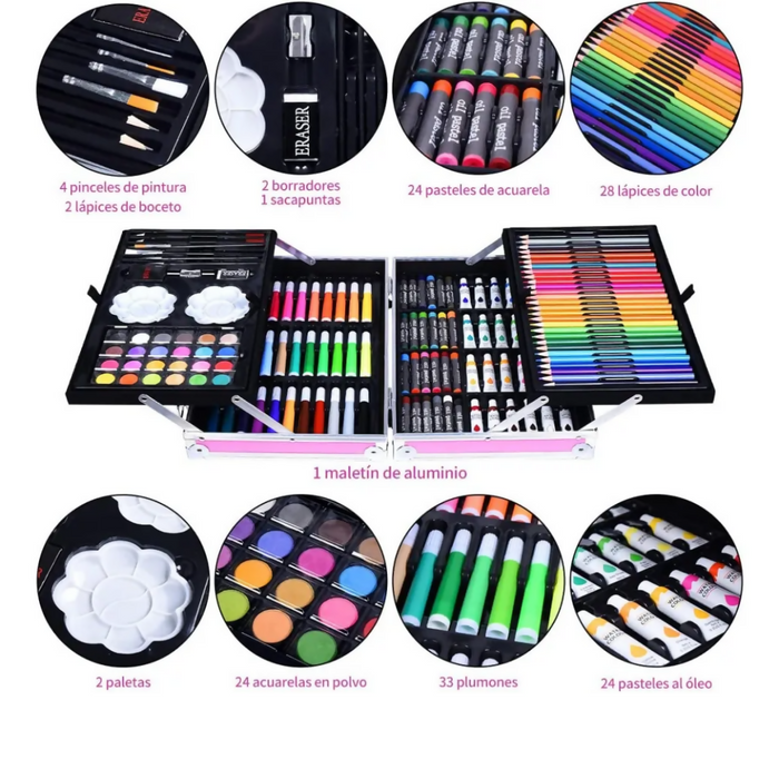 SET DE ARTES PROFESIONAL PARA NIÑOS KIT DE PINTURA 145 PCS ROSADO