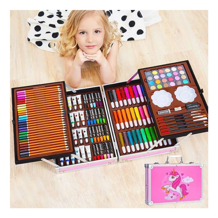 SET DE ARTES PROFESIONAL PARA NIÑOS KIT DE PINTURA 145 PCS ROSADO