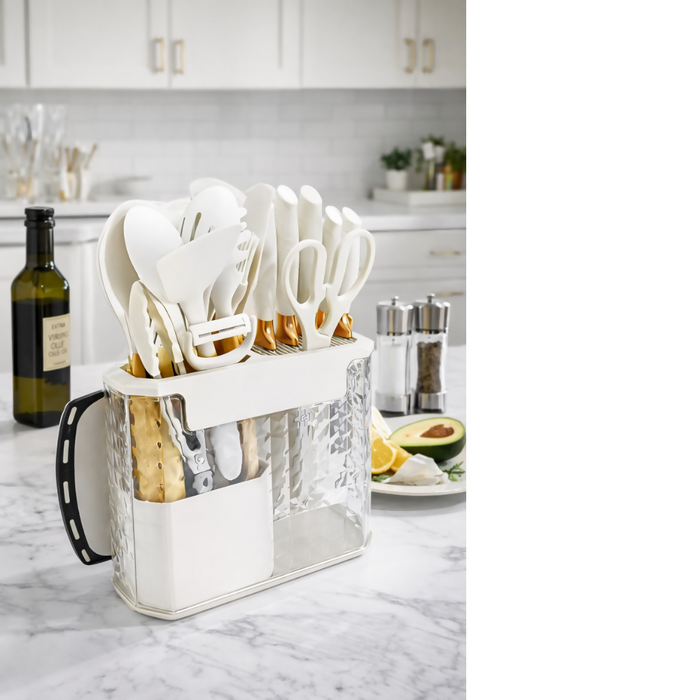 SET DE UTENSILIOS DE COCINA EN SILICONA X16 PIEZAS CON BASE DE ACRÍLICO