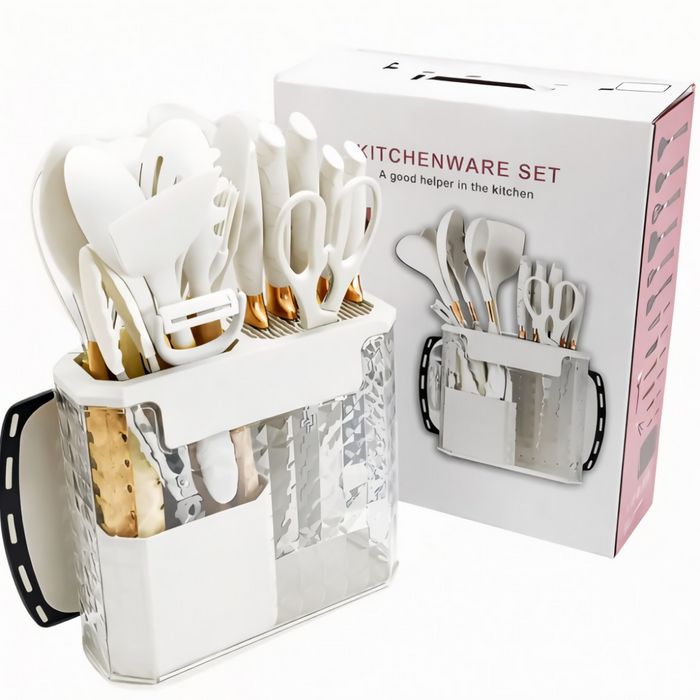 SET DE UTENSILIOS DE COCINA EN SILICONA X16 PIEZAS CON BASE DE ACRÍLICO