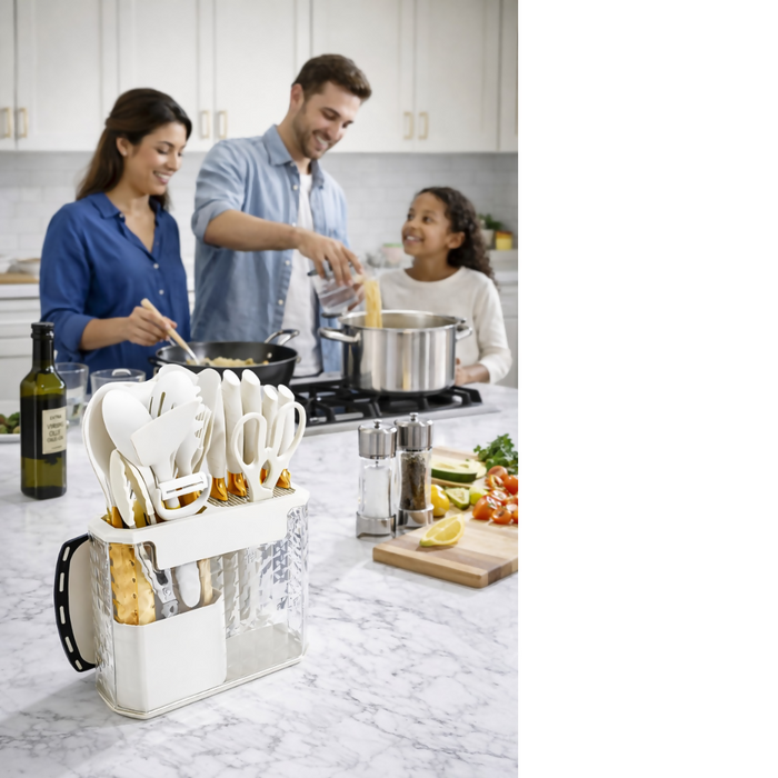 SET DE UTENSILIOS DE COCINA EN SILICONA X16 PIEZAS CON BASE DE ACRÍLICO