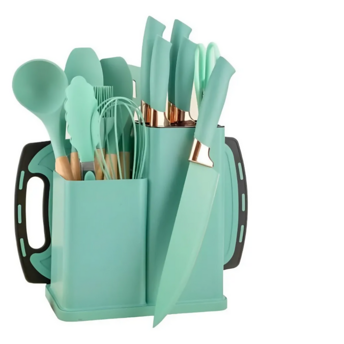 SET DE UTENSILIOS DE COCINA SILICONA Y CUCHILLOS TABLA 19PCS VERDE