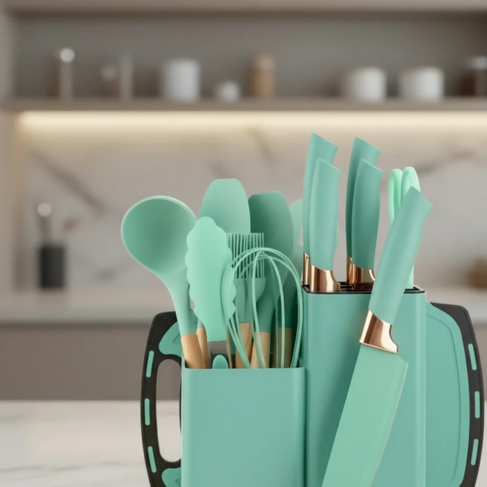 SET DE UTENSILIOS DE COCINA SILICONA Y CUCHILLOS TABLA 19PCS VERDE