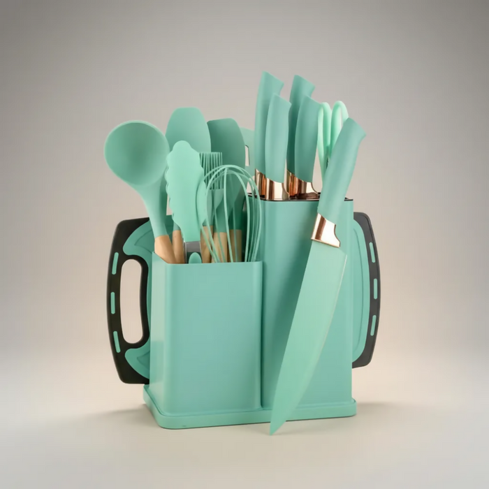 SET DE UTENSILIOS DE COCINA SILICONA Y CUCHILLOS TABLA 19PCS VERDE