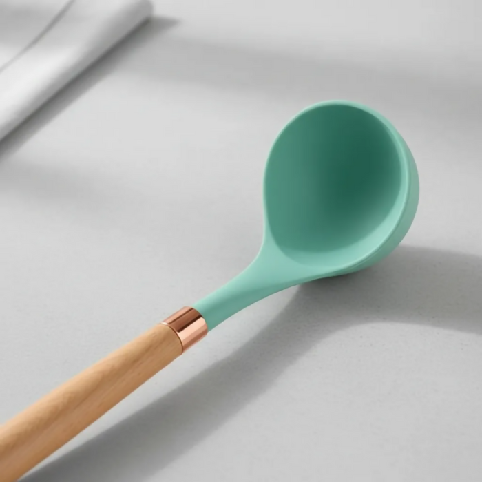 SET DE UTENSILIOS DE COCINA SILICONA Y CUCHILLOS TABLA 19PCS VERDE