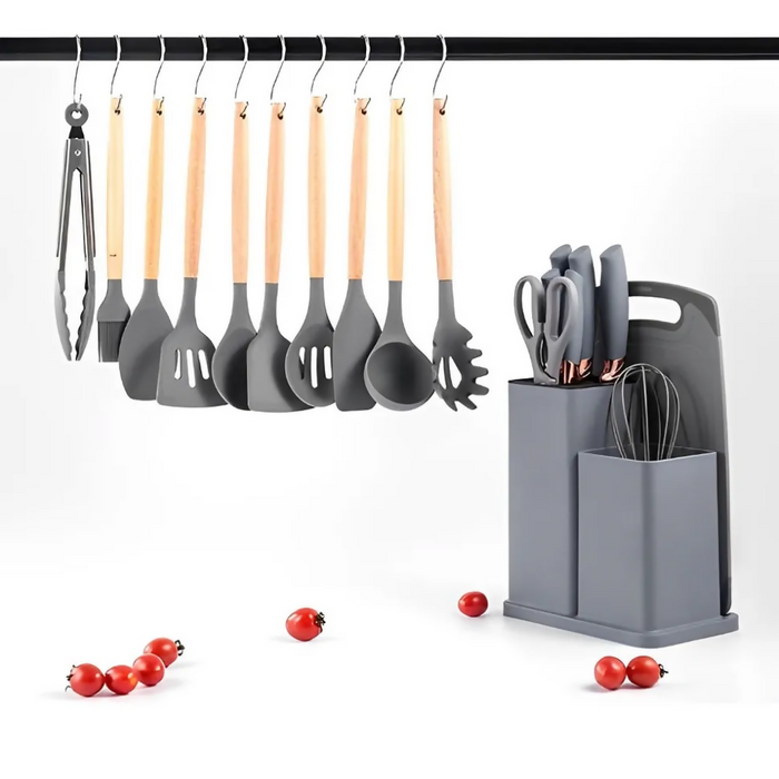 SET DE UTENSILIOS DE COCINA SILICONA Y CUCHILLOS TABLA 19PCS VERDE