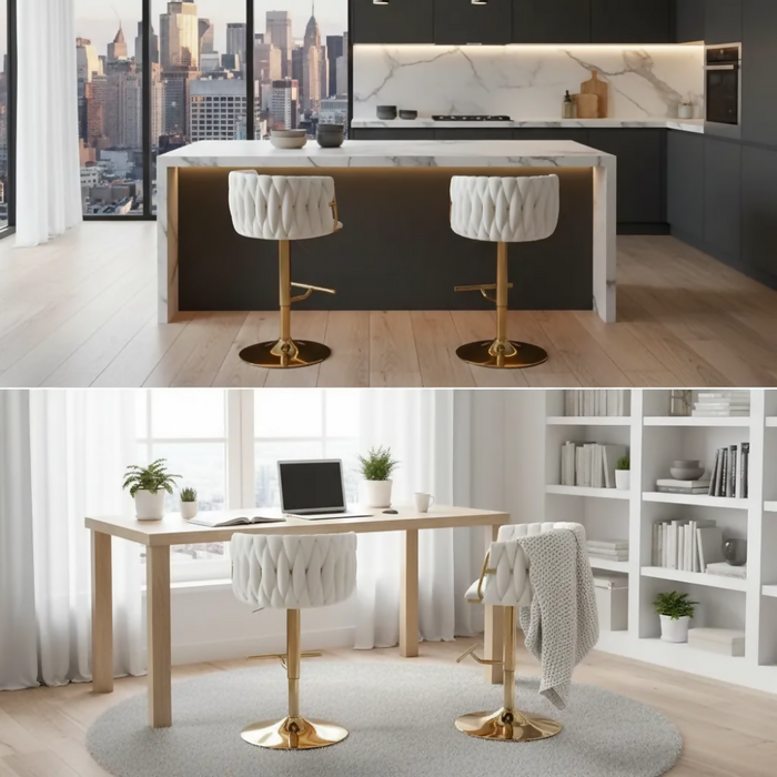 SET X2 SILLAS BAR BUTACO ALTA GIRATORIA BARRA COCINA PREMIUM CROMADO BLANCO